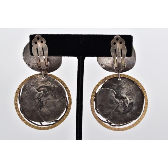 Vintage 925 Brutalist Clip On Earrings Sterling Silver Geometric Chunky BinAV - Picture 10 of 12